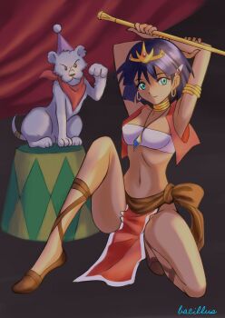 1girl absurdres ankle_lace-up armlet armpits arms_up artist_name ass bacillus bandeau baton blue_gemstone blunt_ends bob_cut bracelet breasts brown_footwear circlet circus closed_mouth commentary cropped_vest cross-laced_sandals dark-skinned_female dark_skin earrings fushigi_no_umi_no_nadia gem gold_bracelet gold_earrings green_eyes groin hair_ornament hairclip hat highres holding hoop_earrings jewelry king_(nadia) light_smile lion lion_cub loincloth looking_at_viewer medium_breasts nadia_la_arwall navel neck_ring neckerchief necklace no_panties open_clothes open_vest party_hat pelvic_curtain pendant platform purple_hair red_neckerchief red_vest short_hair signature smile solo spread_legs squatting strapless tube_top vest white_bandeau