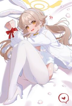 !? 1girl absurdres alternate_costume animal_ears blue_archive bound bound_wrists commentary fake_animal_ears halo hifumi_(blue_archive) high_heels highres leotard long_hair pantyhose playboy_bunny rabbit_ears shusuchii solo symbol-only_commentary tail twintails white_leotard white_pantyhose yellow_eyes yellow_halo