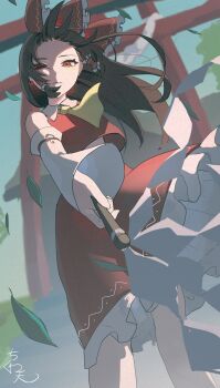 Rule 34 | 1girl, artist name, ascot, bow, brown hair, building, closed mouth, commentary, detached sleeves, falling leaves, frilled bow, frilled hair tubes, frilled skirt, frills, gohei, hair bow, hair tubes, hakurei reimu, hakurei shrine, highres, holding, holding gohei, imkooooww, leaf, long hair, looking at viewer, red bow, red eyes, red skirt, skirt, skirt set, stairs, torii, touhou, yellow ascot