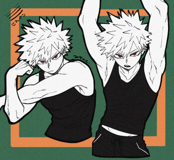 1boy armpits bakugou_katsuki boku_no_hero_academia border closed_mouth green_background highres limited_palette m895m male_focus midriff_peek multiple_views open_mouth red_eyes short_hair solo spiked_hair stretching tank_top toned toned_male