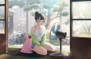 1girl :o =_= and_fersent animal_with_hair animalization anyoji_hime anyoji_hime_(sleepover_at_ginko&#039;s) bare_shoulders black_hair blue_skirt blunt_bangs breasts camisole cardigan cat cleavage closed_eyes collarbone commentary derivative_work electric_fan from_inside green_cardigan green_eyes hair_bun highres large_breasts link!_like!_love_live! looking_at_animal love_live! miniskirt momose_ginko momose_ginko_(sleepover_at_ginko&#039;s) official_alternate_costume official_alternate_hairstyle open_mouth outdoors short_hair sidelocks single_hair_bun skirt sweatdrop thick_eyebrows veranda virtual_youtuber white_camisole