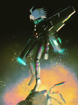 1boy ahoge android aqua_eyes arms_at_sides black_bodysuit bodysuit chromatic_aberration clenched_hands colored_skin commentary_request covered_mouth danganronpa_(series) dark embers from_side full_body gakuran glitch glowing halftone high_collar highres jetpack k1-b0 looking_ahead looking_away male_focus neon_trim danganronpa_v3:_killing_harmony profile rebar ringed_eyes rubble school_uniform solo untranslatable_commentary v-shaped_eyes visket53 white_skin