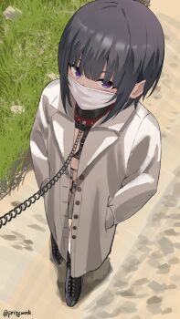 1girl absurdres arms_behind_back ballet_boots bdsm bitch_taken_for_walk bondage bound chain chain_leash chastity_belt coat collar commission female_focus grey_hair harness highres idolmaster idolmaster_cinderella_girls implied_other leash mask mouth_mask outdoors prixy restrained shirayuki_chiyo skeb_commission slave solo surgical_mask