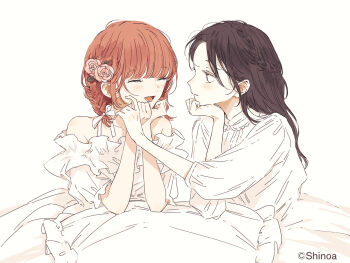 2girls ^_^ artist_name bare_shoulders black_hair closed_eyes dress flower hair_flower hair_ornament hand_on_another's_cheek hand_on_another's_face hand_on_own_chin kakmxxxny06 kono_koi_wo_hoshi_ni_wa_negawanai kousaka_fuyuki light_smile looking_at_another multiple_girls red_hair second-party_source shirai_eri sitting smile white_dress white_theme