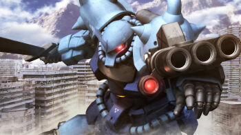 3d aiming aiming_at_viewer arm_cannon blue_sky building cable cloud commentary_request english_text gouf_custom gundam gundam_08th_ms_team highres machinery mecha mecha_focus mobile_suit no_humans one-eyed radio_antenna realistic robot ruins s.hasegawa science_fiction sky sword weapon