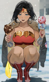 1girl absurdres black_hair blue_eyes bracer coat commentary dc_comics dessert diana_prince english_commentary food food_on_face gold_bracer gold_tiara highres holding holding_food holding_ice_cream holding_ice_cream_cone ice_cream ice_cream_cone jacket lasso lasso_of_truth military_jacket park_ongjol revision star_(symbol) superhero_costume tiara wonder_woman wonder_woman_(series)