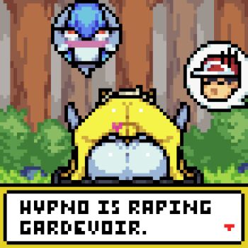 1girl 2boys alternate_color animated animated_gif anus ass badcolor blue_hair blush bob_cut colored_skin dialogue_box english_text gardevoir gen_1_pokemon gen_3_pokemon gloom_(expression) hetero hypno mating_press mega_gardevoir mega_pokemon multiple_boys nintendo orange_eyes outdoors pixel_art pokemon pokemon_(creature) pokemon_frlg rape red_(pokemon) rolling_eyes sex shiny_pokemon source_request vaginal white_skin