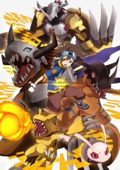 1boy agumon armor bad_id bad_pixiv_id brown_eyes brown_hair claws copyright_name crest digimon digimon_(creature) digimon_adventure evolutionary_line fire gloves goggles greymon hajime_(hajime-ill-1st) helmet koromon metalgreymon multiple_persona wargreymon yagami_taichi