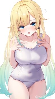 1girl aizawa_ema alternate_costume blonde_hair blue_eyes blunt_bangs blush breasts collarbone commentary_request covered_navel earrings fingernails gluteal_fold gradient_hair green_hair green_nails hair_flaps highres jewelry large_breasts long_hair looking_at_viewer multicolored_hair nervous old_school_swimsuit one-piece_swimsuit open_mouth reityana school_swimsuit simple_background solo swimsuit thigh_gap thighs twitter_username very_long_hair virtual_youtuber vspo! white_background white_one-piece_swimsuit