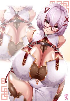 1girl absurdres blush breasts center_opening character_request cleavage cleavage_cutout clothing_cutout curvy dress gan-metal glasses grey_eyes hair_ornament hairclip highres huge_breasts looking_at_viewer shiny_skin short_hair smile source_request thick_thighs thighhighs thighs virtual_youtuber wide_hips