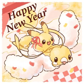 altaria alternate_color bird black_eyes commentary_request confetti gen_1_pokemon gen_3_pokemon happy_new_year highres mixed-language_commentary mofucoffee new_year nintendo no_humans open_mouth pikachu pokemon pokemon_(creature) pokemon_focus ribbon riding shiny_pokemon smile