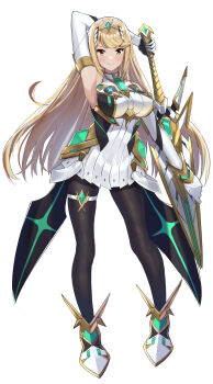 1girl absurdres aegis_sword_(xenoblade) arm_guards bare_shoulders black_pantyhose blonde_hair breasts chest_jewel commentary_request dress earrings elbow_gloves floating_earrings gloves highres jewelry large_breasts long_hair microdress mythra_(massive_melee)_(xenoblade) mythra_(xenoblade) neon_trim pantyhose shiroserika solo swept_bangs thigh_strap tiara very_long_hair weapon white_dress white_gloves xenoblade_chronicles_(series) xenoblade_chronicles_2 yellow_eyes