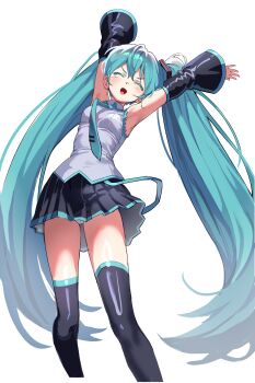 1girl absurdres aqua_hair aqua_necktie aqua_trim arms_up black_skirt black_sleeves black_thighhighs breasts closed_eyes collared_shirt commentary_request cropped_legs detached_sleeves double-parted_bangs facing_up hatsune_miku highres jisil38 korean_commentary long_hair miku_day necktie open_mouth panties pantyshot pleated_skirt shirt simple_background skirt sleeveless sleeveless_shirt small_breasts solo thighhighs tie_clip twintails underwear very_long_hair vocaloid white_background white_panties