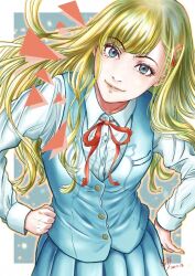 Rule 34 | 1girl, blonde hair, blue skirt, blue vest, dated, grey eyes, hands on own hips, long hair, looking at viewer, neck ribbon, original, pleated skirt, red ribbon, ribbon, school uniform, shirt, signature, skirt, solo, straight-on, vest, white shirt, yanoilusu