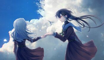 2girls black_hair brown_dress ceras_yanagida_lilienfeld cloud commentary cropped cumulonimbus_cloud dress english_commentary floating_hair grey_hair hair_ornament hasu_no_sora_school_uniform highres jellyfish_cut katsuragi_izumi link!_like!_love_live! long_hair long_sleeves looking_at_another love_live! medium_dress multiple_girls neckerchief orange_eyes photo_background pleated_dress sailor_collar sailor_dress school_uniform taking_another&#039;s_hand triangle_hair_ornament turtleneck virtual_youtuber white_sailor_collar winter_uniform yellow_neckerchief yrxy_settingsun