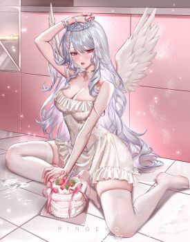1girl arm_up artist_name bare_shoulders birthday birthday_cake blush breasts cake character_request check_character choker cleavage collarbone commentary double_strap_slip dress english_commentary flower_tattoo food highres indie_virtual_youtuber jewelry long_hair looking_at_viewer necklace no_shoes open_mouth pink_eyes ringeko-chan rose_(rosiee)_(virtual_youtuber) shoulder_tattoo sitting skindentation solo tattoo thighhighs thighs tile_floor tiles toe_cleavage tongue tongue_out very_long_hair virtual_youtuber white_dress white_hair white_thighhighs white_tiara wings yokozuwari