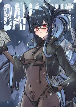 1girl backsine bahamut_(nikke) bikini black_bikini black_gloves black_hair black_jacket black_liquid black_necktie bodystocking book breasts character_name commentary covered_navel cowboy_shot earclip glasses gloves goddess_of_victory:_nikke grey_hair hair_between_eyes hair_intakes hand_on_own_hip hand_up highleg highleg_bikini highres holding holding_book horns jacket latex_bikini liquid_clothes long_hair long_sleeves looking_at_viewer medium_breasts mole mole_under_mouth multicolored_hair necktie open_clothes open_jacket parted_lips ponytail pubic_tattoo red_eyes rigging see-through_cleavage see-through_clothes sidelocks signature solo standing swimsuit tattoo underbust upside-down_book