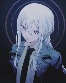 1girl absurdres black_background black_coat black_necktie blue_eyes braid braided_ponytail chainsaw_man closed_mouth coat collared_shirt colored_eyelashes commentary cosplay dress_shirt expressionless eyelashes from_above hair_between_eyes highres kusunoki_tomori lapels long_hair long_sidelocks looking_at_viewer makima_(chainsaw_man) makima_(chainsaw_man)_(cosplay) necktie notched_lapels oogypng open_clothes open_coat project_sekai ringed_eyes shirt sidelocks single_braid solo upper_body voice_actor_connection white_eyelashes white_hair white_shirt yoisaki_kanade