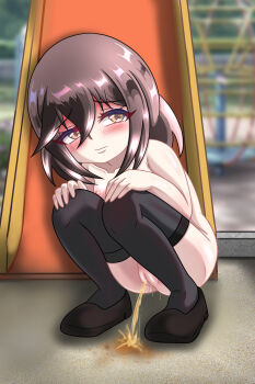 1girl black_shoes black_thighhighs blush brown_eyes brown_hair chapio collarbone embarrassed exhibitionism flat_chest hands_on_own_knees highres jungle_gym looking_at_viewer nipples nude original peeing playground public_indecency puddle pussy rui_(chapio) shoes short_hair slide squatting thighhighs