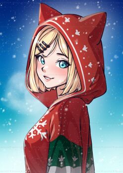 1girl animal_hood aquamei blonde_hair blush cat_hood christmas commentary english_commentary hood hood_up hoodie looking_at_viewer short_hair smile winter