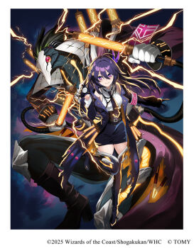 1girl 2025 ahoge belt black_belt black_boots black_gloves black_necktie blue_skirt boots border brown_thighhighs closed_mouth coat commentary_request copyright_notice duel_masters duel_masters_play's electricity gloves hair_between_eyes high-waist_skirt holding holding_stethoscope holding_weapon long_hair looking_at_viewer monster necktie noin_(duel_masters) official_art purple_coat purple_eyes purple_hair shirt skirt sleeveless sleeveless_shirt standing standing_on_one_leg stethoscope stethoscope_around_neck thighhighs tokiti weapon white_border white_gloves white_shirt