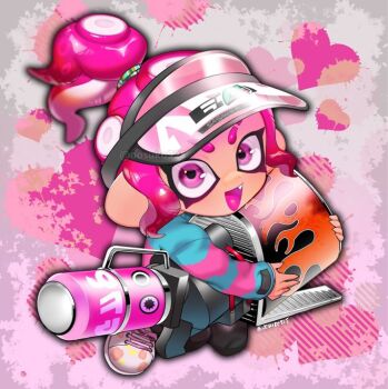 1girl blaster_(splatoon) blue_sweater chibi chibi_only commentary english_commentary eyebrow_cut fang full_body hair_ornament hair_scrunchie hat holding holding_weapon hugging_object long_sleeves looking_at_viewer multicolored_scrunchie naoki_(oosuko) nintendo octoling octoling_girl octoling_player_character open_mouth pink_eyes pink_hair pink_hat pink_sweater ponytail scrunchie short_ponytail sidelocks solo splatoon_(series) striped_clothes striped_sweater suction_cups sweater tentacle_hair two-tone_sweater v-shaped_eyebrows visor_cap watermark weapon white_footwear