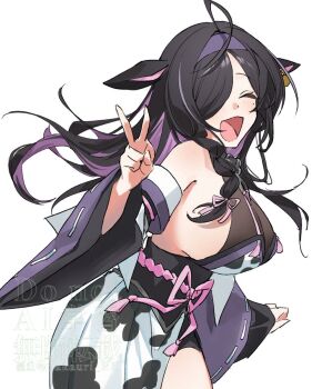 1girl :d ahoge animal_ears animal_print arm_up backless_kimono belt_collar black_hair black_shorts braid breasts collar commentary_request cow_ears cow_girl cow_print cow_print_dress cow_print_kimono cowboy_shot detached_sleeves ear_tag hair_over_one_eye hairband highres japanese_clothes kimono large_breasts long_hair mole mole_under_eye multicolored_hair nijisanji obijime one_eye_covered open_mouth parted_bangs pink_ribbon print_kimono purple_hair purple_hairband purple_sleeves ribbon ribbon-trimmed_sleeves ribbon_trim sakauri_rk see-through_cleavage see-through_clothes shorts sideboob smile solo thighs v virtual_youtuber watermark yagyu_shino