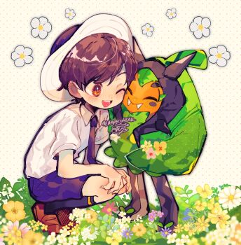brown_eyes brown_hair brown_shoes closed_eyes closed_mouth collared_shirt colored_skin commentary_request fangs field florian_(pokemon) flower flower_field hands_on_own_knees hat holding holding_flower horns male_focus necktie nintendo ogerpon one_eye_closed open_mouth orange_skin pink_flower pokemon pokemon_(creature) pokemon_sv purple_necktie purple_shorts repikinoko school_uniform shirt shoes short_hair shorts signature simple_background smile squatting teeth upper_teeth_only uva_academy_school_uniform white_background white_flower yellow_flower