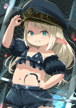 1girl absurdres blonde_hair final_fantasy final_fantasy_xiv grin hat highres lalafell loli long_hair navel peaked_cap pointy_ears puffy_sleeves shelldy shorts smile solo