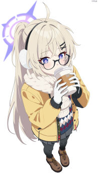 1girl absurdres baozi_9527 black_gloves black_pantyhose black_skirt blonde_hair blue_archive boots brown_boots commentary cup drinking full_body glasses gloves halo highres holding holding_cup jacket kotama_(blue_archive) kotama_(camp)_(blue_archive) long_hair multicolored_gloves multicolored_sweater pantyhose pleated_skirt ponytail purple_eyes purple_halo scarf simple_background skirt solo sweater white_background white_gloves yellow_jacket yellow_scarf