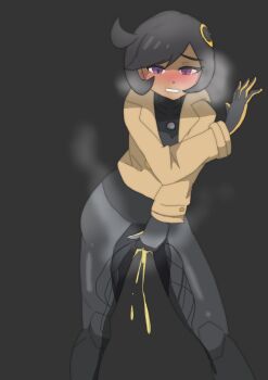 Rule 34 | 1girl, absurdres, artist request, between legs, black gloves, black hair, blush, bodysuit, emma (pokemon), female focus, gloves, hand between legs, highres, nintendo, pee, peeing, peeing self, pokemon, pokemon legends: z-a, purple eyes, solo, standing, steaming body