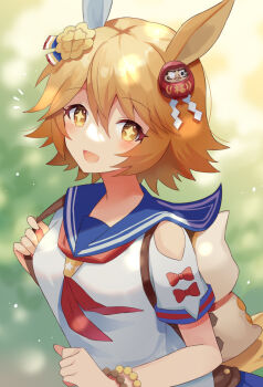 Rule 34 | 1girl, animal ears, barufoa, bead bracelet, beads, blue sailor collar, blue skirt, blush, bracelet, breasts, clover hair ornament, commentary request, daruma doll, doll hair ornament, ear covers, flipped hair, four-leaf clover hair ornament, hair between eyes, hair ornament, horse ears, horse girl, horse tail, jewelry, maneki-neko, matikanefukukitaru (rising fortune) (umamusume), matikanefukukitaru (umamusume), neckerchief, open mouth, orange hair, red neckerchief, sailor collar, school uniform, serafuku, shirt, short hair, single ear cover, skirt, smile, solo, star-shaped pupils, star (symbol), symbol-shaped pupils, tail, umamusume, white shirt