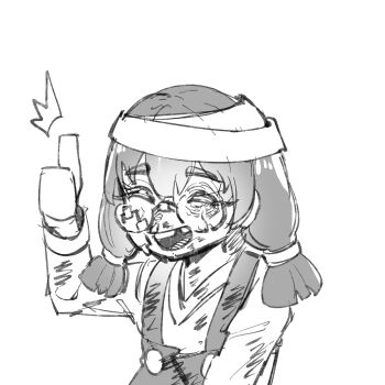 Rule 34 | absurdres, bandage on face, bandaged head, bandages, broken eyewear, check gender, closed eyes, commentary, earclacks, english commentary, gender request, greyscale, highres, missing tooth, monochrome, open mouth, overalls, sakanaflyer, short twintails, simple background, thumbs up, twintails, upper body, white background, wrench (earclacks)