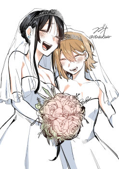 2girls absurdres akiyama_mio bare_shoulders black_hair bouquet bridal_veil bride brown_hair closed_eyes commentary_request dress earrings female_focus flower hair_up highres holding holding_bouquet jewelry k-on! multiple_girls open_mouth pink_flower see-through_clothes see-through_veil short_hair simple_background smile strapless strapless_dress stud_earrings suzuo_(zuo) tainaka_ritsu tears veil wedding_dress white_background wife_and_wife yuri