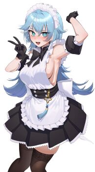 1girl :d @_@ absurdres apron arm_up bare_shoulders black_bow black_gloves black_skirt black_sleeves blue_eyes blue_hair blush bow breasts brown_thighhighs commentary commission detached_sleeves english_commentary frilled_apron frills gloves goback hair_between_eyes hand_up highres long_hair looking_at_viewer medium_breasts nose_blush open_mouth original pleated_skirt puffy_short_sleeves puffy_sleeves shirt short_sleeves sideboob simple_background skirt sleeveless sleeveless_shirt smile solo sweat thighhighs v very_long_hair white_apron white_background white_shirt