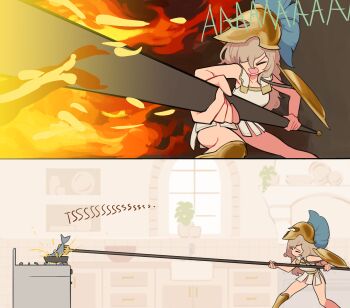 1girl absurdres bare_arms bare_shoulders centurii-chan closed_eyes commentary cooking english_commentary fire fish frying_pan grey_hair helmet highres indoors long_hair open_mouth original plume shield spatula stove tilted_headwear window