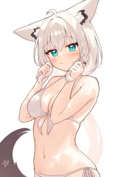 1girl absurdres ahoge animal_ear_fluff animal_ear_piercing animal_ears aqua_eyes bikini blush braid breasts cleavage commentary_request crossed_bangs deaver fox_ears fox_girl fox_tail front-tie_bikini_top front-tie_top hair_between_eyes halterneck hands_up highres holding holding_own_hair hololive long_hair looking_at_viewer low_ponytail medium_breasts pentagram ponytail shirakami_fubuki side-tie_bikini_bottom side_braid simple_background single_braid solo swimsuit tail upper_body very_long_hair virtual_youtuber white_background white_bikini white_hair
