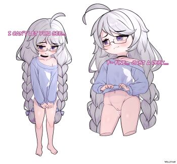 1girl ahoge artist_name averting_eyes barefoot black_choker blue_shirt blush bottomless bow braid choker cleft_of_venus closed_mouth clothes_lift collarbone cropped_legs english_text full_body glasses grey_hair lifting_own_clothes loli long_hair long_sleeves multiple_views navel off_shoulder original purple_eyes pussy pussy_juice shirt shirt_lift simple_background single_bare_shoulder twin_braids uncensored velztar very_long_hair white_background white_hair