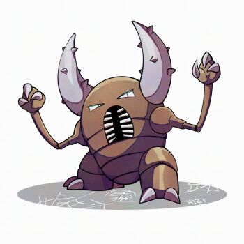 full_body gen_1_pokemon looking_at_viewer mistray-art nintendo no_humans pinsir pokemon pokemon_(creature) signature simple_background solo white_background