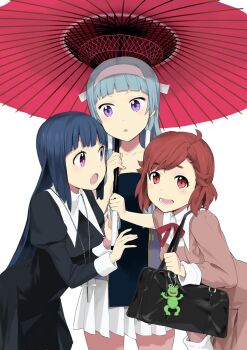 3girls ahoge aoba_tsugumi bag bent_over black_dress blue_hair blunt_bangs bow cropped_legs cross crucifix dress frog grey_hair headband highres holding holding_umbrella kannagi long_hair looking_at_another looking_at_viewer medium_hair multiple_girls nagi_(kannagi) nun oil-paper_umbrella open_mouth pink_dress pleated_skirt purple_eyes red_bow red_hair school_uniform shoulder_bag siblings sidelocks sisters skirt swept_bangs takenashi_eri traditional_nun umbrella white_background white_headband white_skirt zange