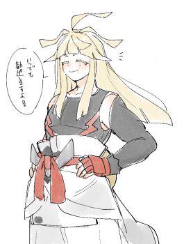 1boy black_shirt blonde_hair blush closed_eyes closed_mouth commentary_request fingerless_gloves gloves hands_on_own_hips happy ivor_(pokemon) long_hair male_focus nintendo notice_lines pants pokemon pokemon_legends:_z-a red_gloves shirt sidelocks simple_background smile solo speech_bubble tenpi_(hello_3152) translation_request white_background white_pants