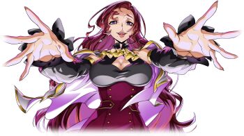 1girl ascot black_shirt blue_eyes breasts carly_disel cleavage code_geass code_geass:_lost_stories collarbone earrings f4samurai forehead hair_ornament hairclip hand_on_own_face hand_up happy highres jewelry large_breasts licking_lips long_hair long_sleeves looking_at_viewer mole mole_under_mouth official_art open_mouth raised_eyebrow red_hair shirt sidelocks simple_background smile solo straight-on tongue tongue_out transparent_background upper_body yellow_ascot