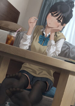 1girl bed bedroom black_hair black_panties black_thighhighs blue_bow blue_bowtie bow bowtie cameltoe collared_shirt commentary_request cup curtains cushion drinking_glass drinking_straw feet highres holding holding_pen iced_tea indoors looking_at_viewer no_legwear no_shoes original panties pen pillow ruien_(wu_jui-en) school_uniform shirt sleeves_rolled_up soles solo sweater_vest table thighhighs toes underwear variant_set white_shirt wooden_table yellow_sweater_vest yukishima_momo zabuton