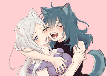 2girls animal_ear_fluff animal_ears aqua_hair artist_name black_shirt blush breasts cheek-to-cheek commentary_request double_biceps_pose edelgard_von_hresvelg fangs female_byleth_(fire_emblem) fire_emblem fire_emblem:_three_houses flexing frilled_shirt frills grey_hair heads_together highres hug long_hair looking_at_another multiple_girls nintendo off-shoulder_shirt off_shoulder one_eye_closed open_mouth pink_background purple_eyes purple_shirt shirt simple_background sleeveless sleeveless_shirt tail yudepan_(yuri_no_sugata) yuri