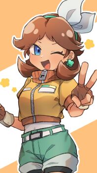 1girl :d ;d aqua_hairband aqua_shorts bike_shorts bike_shorts_under_shorts blue_eyes bow breasts brown_hair commentary_request cropped_jacket earrings fingerless_gloves flipped_hair flower_earrings gloves hair_bow hairband highres jacket jewelry looking_at_viewer mario_(series) mario_kart mario_kart_world medium_hair nintendo no_crown official_alternate_costume one_eye_closed open_mouth orange_gloves orange_jacket princess_daisy princess_daisy_(touring) sabatha0424 shorts small_breasts smile solo