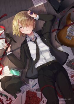 1girl artist_name belt bouquet box box_of_chocolates brown_hair commentary_request flower formal_clothes guitar hair_over_one_eye heaven_burns_red instrument kayamori_ruka kurage_(kurage19) lying microphone musical_note necktie on_back rose short_hair suit