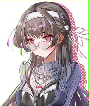 1girl absurdres alternate_costume alur_(wwpt2342) bespectacled black_hair breasts chisa_(wuthering_waves) chromatic_aberration closed_mouth commentary glasses grey_shirt hair_ornament hair_ribbon hairband heart heart_necklace heavy_chromatic_aberration highres jewelry large_breasts long_hair looking_at_viewer necklace red_eyes revision ribbon shirt solo turtleneck turtleneck_shirt upper_body white_hairband white_ribbon wuthering_waves