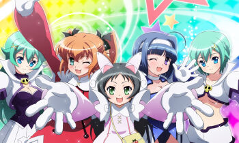 Rule 34 | 5girls, :d, ;d, ahoge, animal ears, aqua hair, arm up, bag, bare legs, black hair, black ribbon, blue eyes, blue hair, blue leotard, blush, bob cut, breasts, cat ears, choker, cleavage, cleavage cutout, closed mouth, clothing cutout, collarbone, colorful background, commentary, cowboy shot, crop top, cross-laced clothes, cross-laced dress, cut bangs, dress, fake animal ears, gloves, green eyes, hair between eyes, hair ornament, hair ribbon, hairband, hand up, happy, hazuki kurumi, high collar, kaitou tenshi twin angel, kannazuki aoi, large breasts, leotard, long hair, long sleeves, looking at viewer, magical girl, medium breasts, medium hair, midriff, minazuki haruka (twin angel), multiple girls, navel, nine violet, official style, one eye closed, open hands, open mouth, orange hair, outstretched arms, patterned background, pink dress, pleated dress, puffy long sleeves, puffy sleeves, purple dress, purple eyes, purple trim, rainbow background, reaching, reaching towards viewer, red dress, ribbon, short dress, short hair, short shorts, shorts, shoulder bag, shoulder pads, siblings, side-by-side, sisters, skull ornament, smile, sparkle, spread fingers, star (symbol), star symbol background, take-zz, tesla violet, twin angel, twintails, two-tone dress, underboob, waving, white dress, white gloves, white hairband, white shorts, x hair ornament, yellow bag