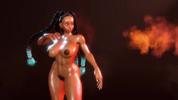 1girl abs animated aqua_hair ass audible_music black_hair bouncing_ass bouncing_breasts braid breasts completely_nude curvy dark-skinned_female dark_skin dreadlocks female_pubic_hair fighting_stance huge_ass jumping kimberly_jackson long_hair looking_at_viewer multicolored_hair multiple_views nipples nude pubic_hair shiny_skin simple_background smile solo sound standing street_fighter street_fighter_6 tagme turnaround video wide_hips