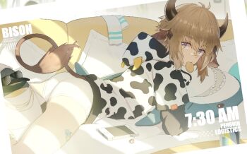 animal_ears animal_print arknights ass bird bison_(arknights) briefs brown_eyes brown_hair cellphone cow_boy cow_ears cow_hood cow_horns cow_print cow_tail emperor_penguin from_behind horns looking_at_viewer looking_back luye_yuan male_underwear penguin penguin_logistics_(arknights) phone resolution_mismatch source_larger tail emperor_(arknights) underwear